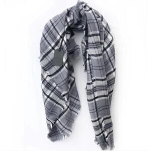 All Saints Scarf Gray White Plaid Woven Fringe Square Wool Blend Cozy Coverup